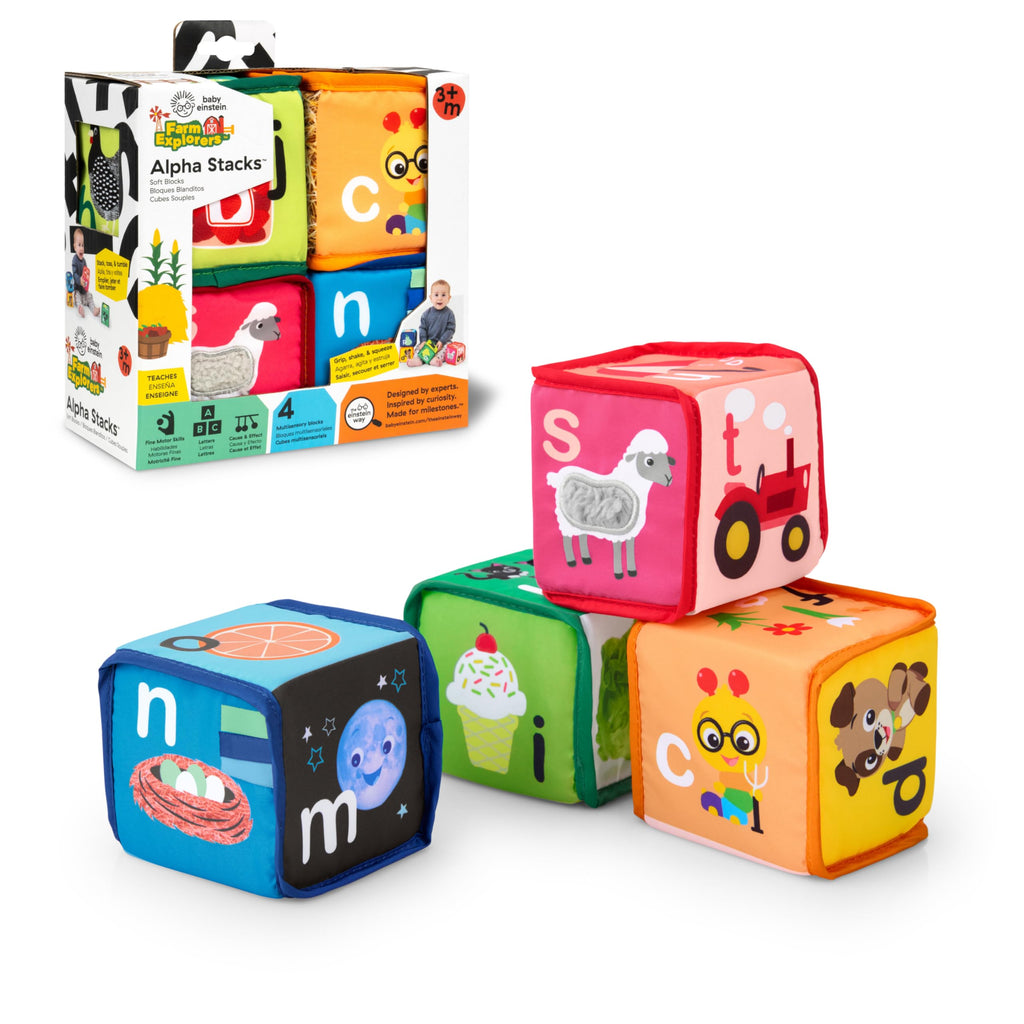 Baby Einstein Alpha Stacks Soft Blocks: 4-Piece Stacking Toy Set with Letters, Animals, and Sensory Sounds