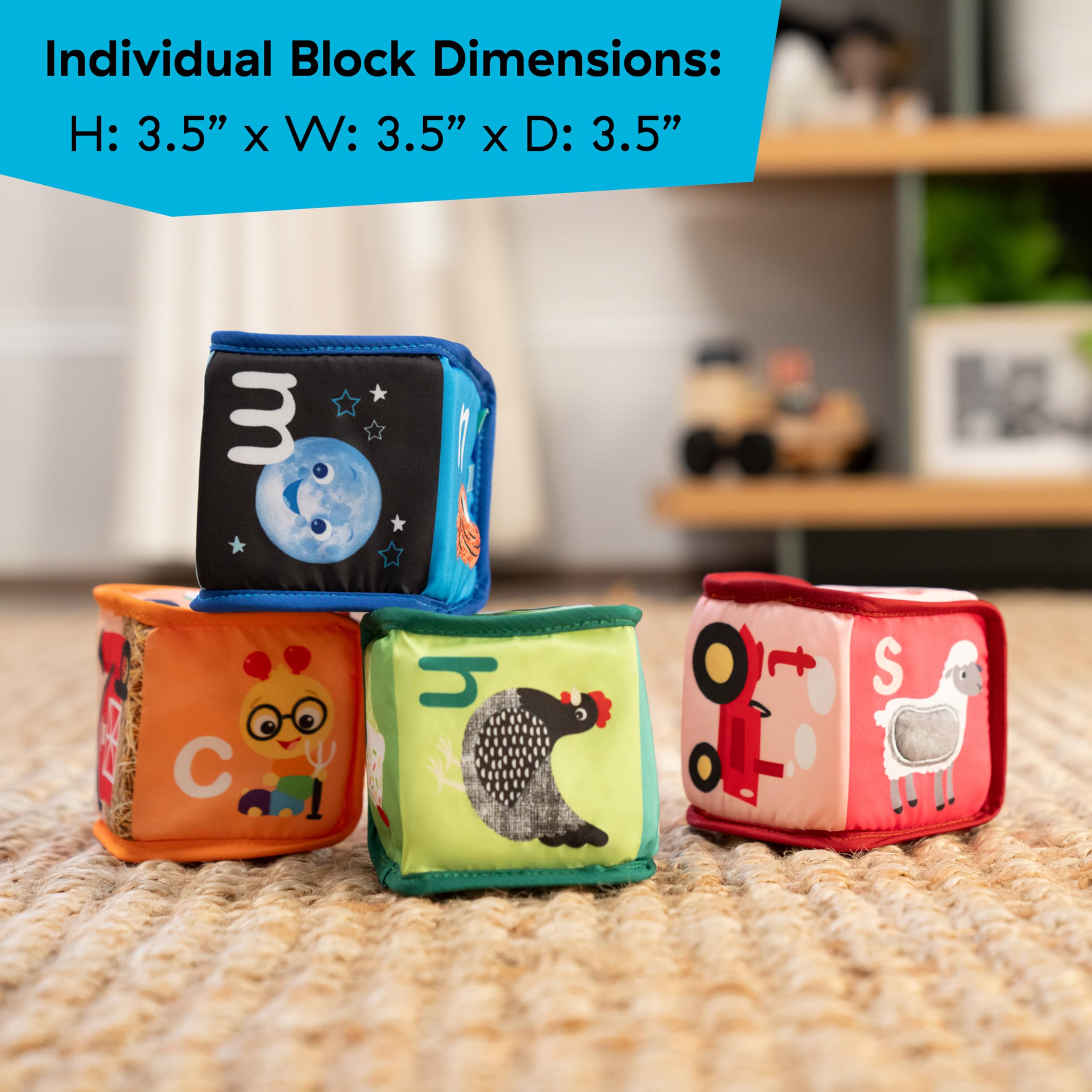 Baby Einstein Alpha Stacks Soft Blocks: 4-Piece Stacking Toy Set with Letters, Animals, and Sensory Sounds