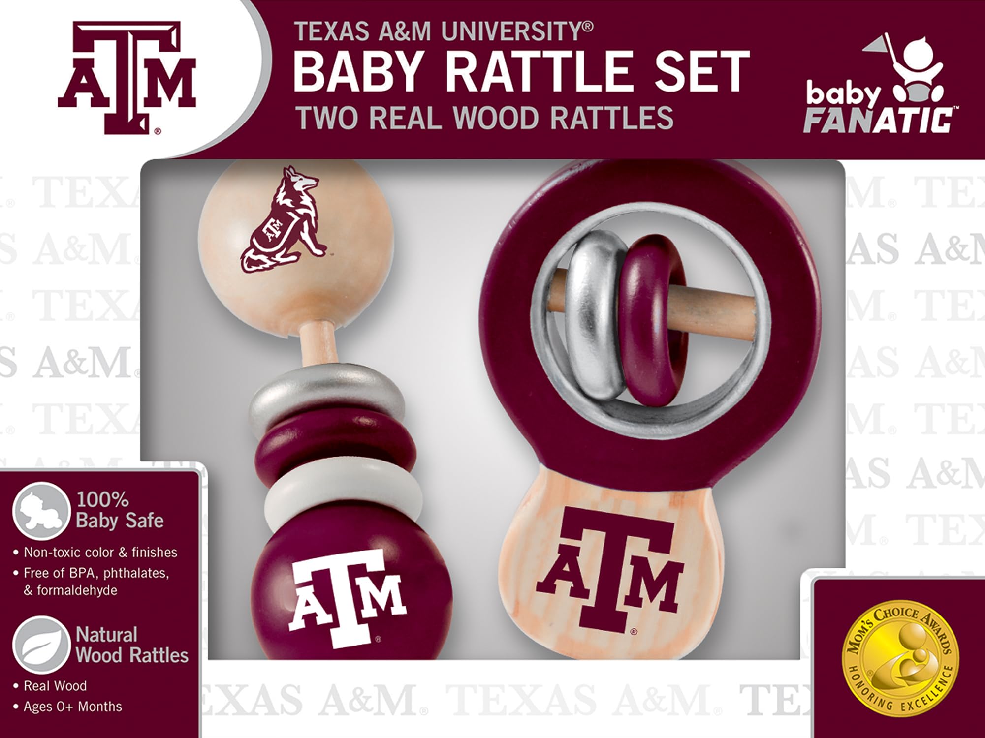 Baby Fanatic NCAA Texas A&M Aggies Wood Rattle 2-Pack - Officially Licensed Baby Toy
