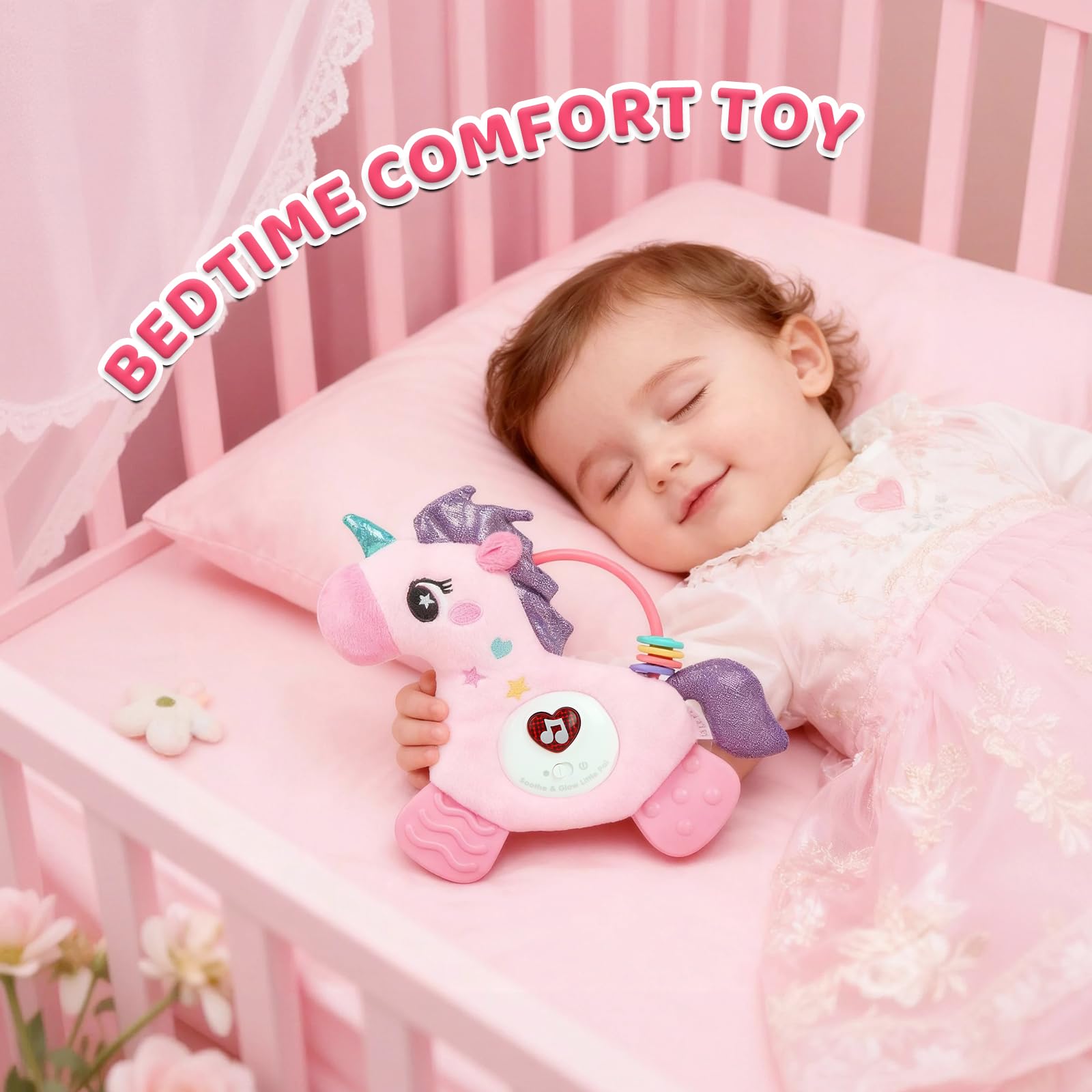 Baby Musical Activity Soft Toy – Plush Unicorn with Teether, Rattle, Light & Sound for 6–12 Months