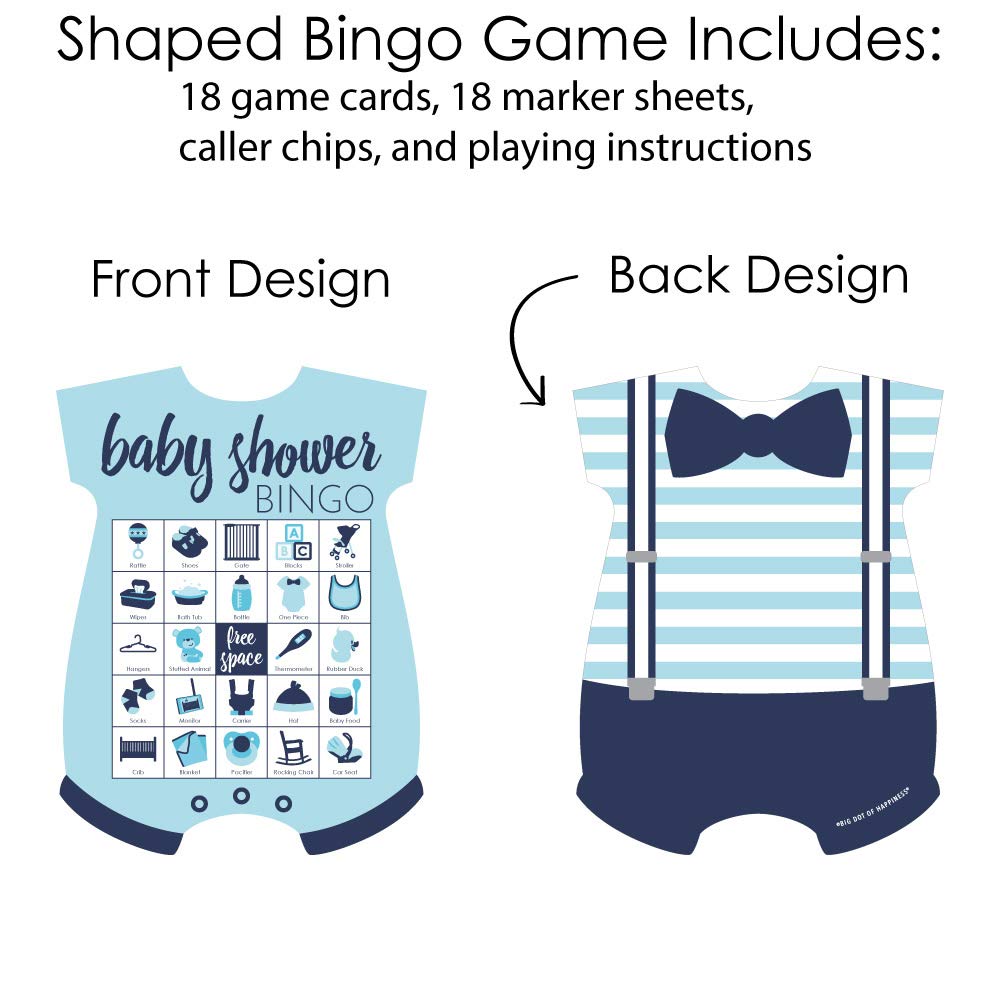 Baby Shower Bingo Game: 18 Blue Bodysuit-Shaped Cards with Markers - Big Dot of Happiness
