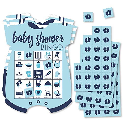 Baby Shower Bingo Game: 18 Blue Bodysuit-Shaped Cards with Markers - Big Dot of Happiness