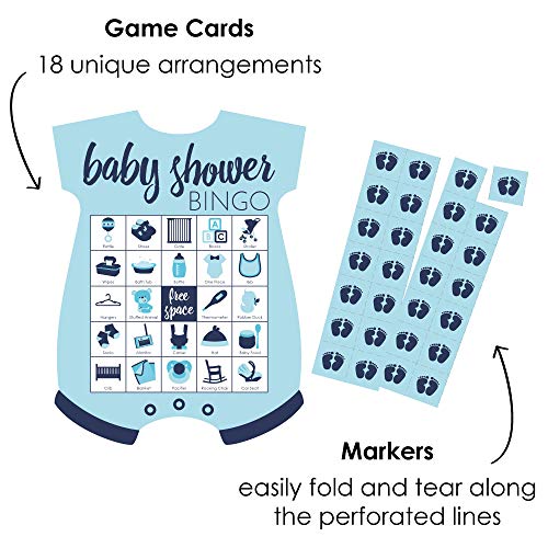 Baby Shower Bingo Game: 18 Blue Bodysuit-Shaped Cards with Markers - Big Dot of Happiness