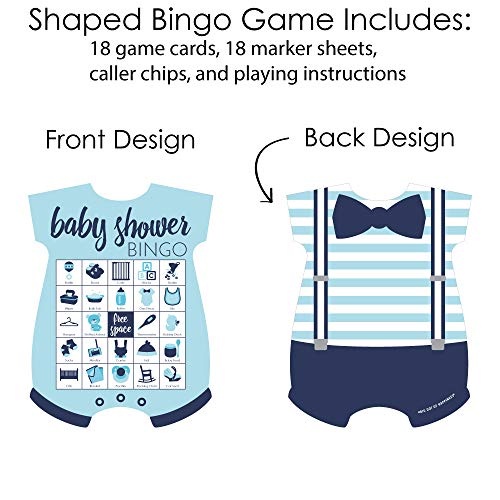 Baby Shower Bingo Game: 18 Blue Bodysuit-Shaped Cards with Markers - Big Dot of Happiness
