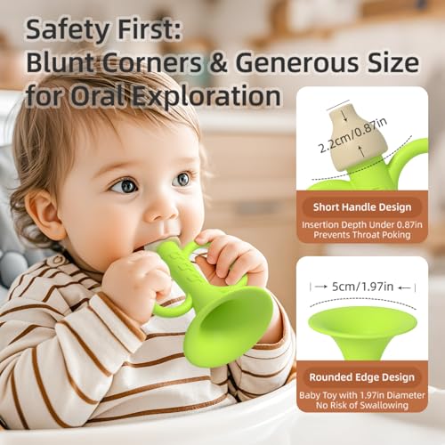 Baby Trumpet Toy 6-12 Months – Silicone Baby Horn Blowing Toy with 2 Pieces Yellow & Green, Easy Grip Toddler Whistle for Teething and Sensory Play, Newborn Gift