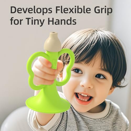 Baby Trumpet Toy 6-12 Months – Silicone Baby Horn Blowing Toy with 2 Pieces Yellow & Green, Easy Grip Toddler Whistle for Teething and Sensory Play, Newborn Gift