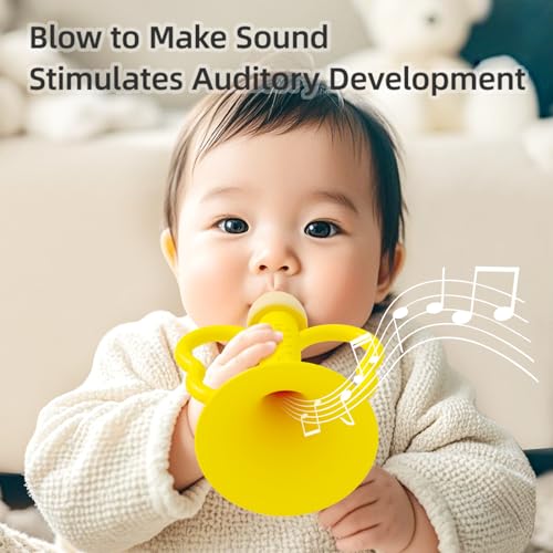 Baby Trumpet Toy 6-12 Months – Silicone Baby Horn Blowing Toy with 2 Pieces Yellow & Green, Easy Grip Toddler Whistle for Teething and Sensory Play, Newborn Gift