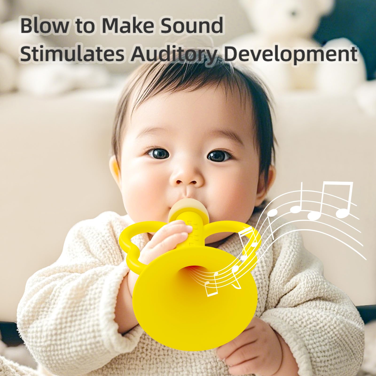 Baby Trumpet Toy 6-12 Months – Silicone Baby Horn Blowing Toy with 2 Pieces Yellow & Green, Easy Grip Toddler Whistle for Teething and Sensory Play, Newborn Gift