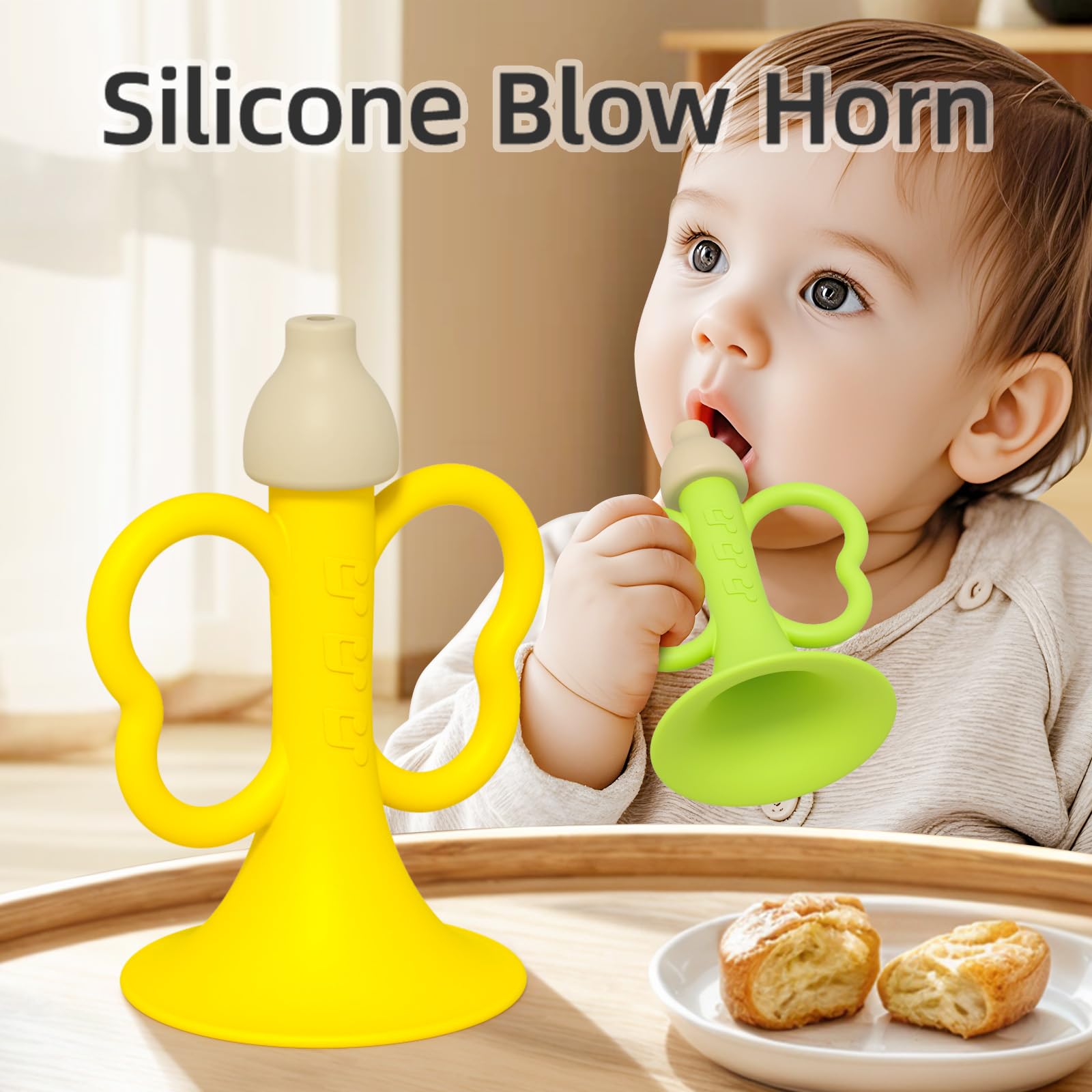 Baby Trumpet Toy 6-12 Months – Silicone Baby Horn Blowing Toy with 2 Pieces Yellow & Green, Easy Grip Toddler Whistle for Teething and Sensory Play, Newborn Gift