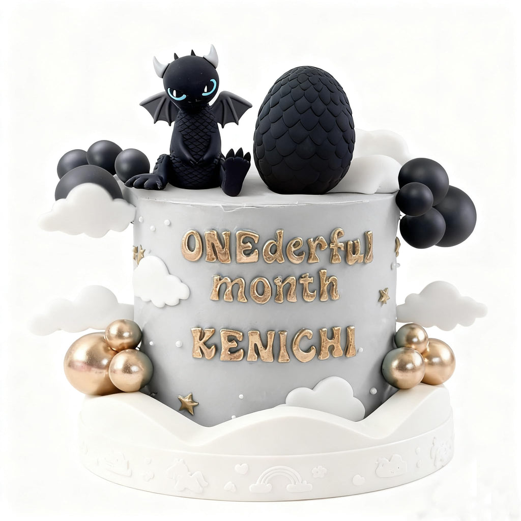 BACH AND BOOZY Black Dragon Cake Topper with Dragon Eggs and Gold Black Balls – Fantasy Party Cake Decor