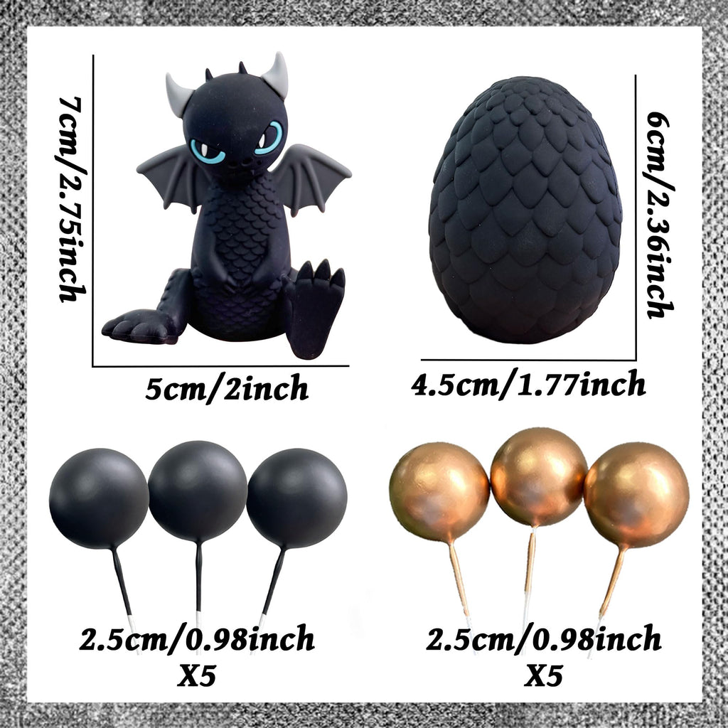 BACH AND BOOZY Black Dragon Cake Topper with Dragon Eggs and Gold Black Balls – Fantasy Party Cake Decor