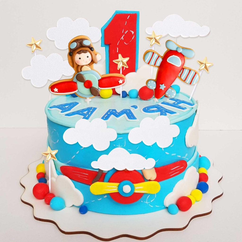 BACH AND BOOZY Red Airplane Cake Topper Set - 13 Pieces Plastic Plane with Pilot, Clouds & Stars for Travel Themed Parties
