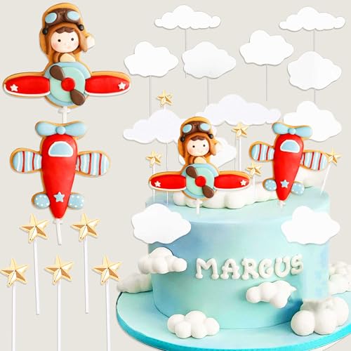 BACH AND BOOZY Red Airplane Cake Topper Set - 13 Pieces Plastic Plane with Pilot, Clouds & Stars for Travel Themed Parties