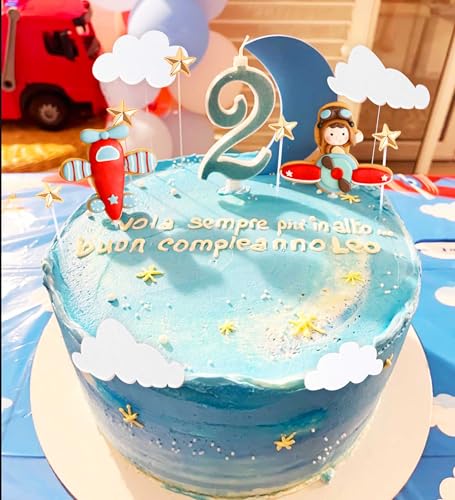 BACH AND BOOZY Red Airplane Cake Topper Set - 13 Pieces Plastic Plane with Pilot, Clouds & Stars for Travel Themed Parties