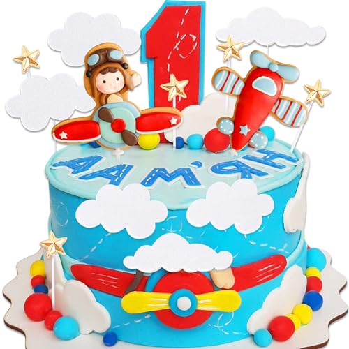 BACH AND BOOZY Red Airplane Cake Topper Set - 13 Pieces Plastic Plane with Pilot, Clouds & Stars for Travel Themed Parties