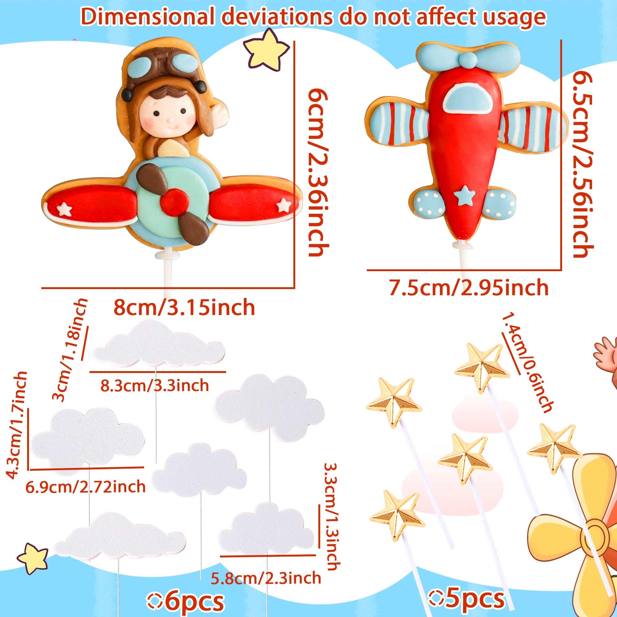 BACH AND BOOZY Red Airplane Cake Topper Set - 13 Pieces Plastic Plane with Pilot, Clouds & Stars for Travel Themed Parties