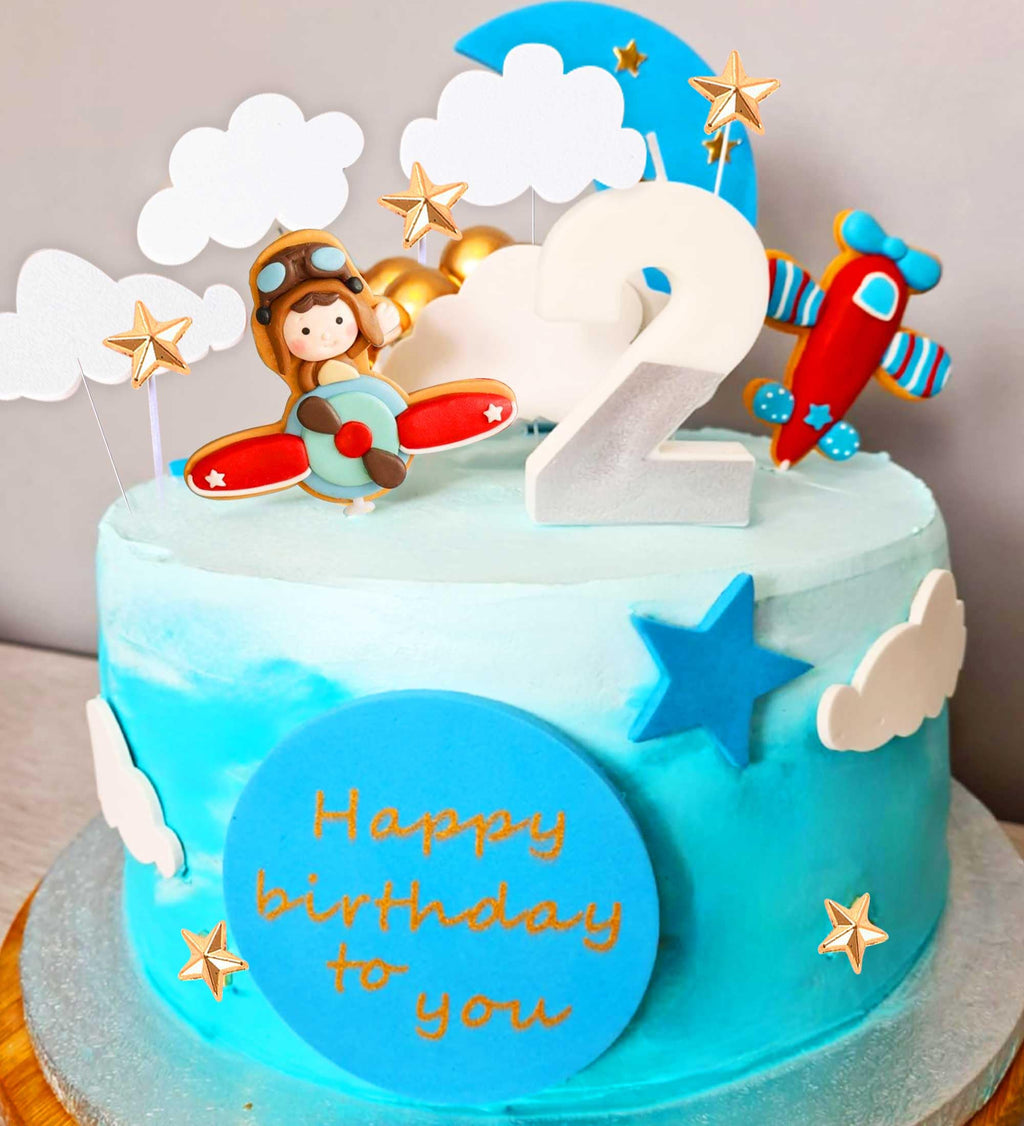 BACH AND BOOZY Red Airplane Cake Topper Set - 13 Pieces Plastic Plane with Pilot, Clouds & Stars for Travel Themed Parties