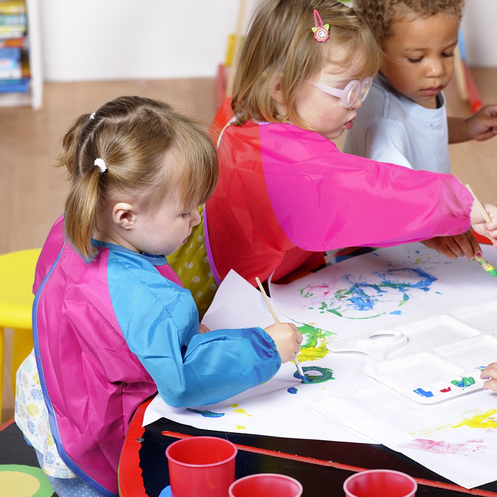 BAHABY Kids Art Smocks 4 Pack - Waterproof Painting Aprons with Long Sleeves and Pockets for Ages 3-8