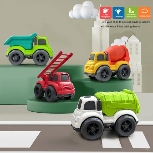 Baimiby 4-Pack Toddler Trucks: Dump Truck & Cement Mixer Toys for 3-4 Year Olds, BPA Free Push Cars for Indoor Outdoor Play, Christmas Birthday Gifts