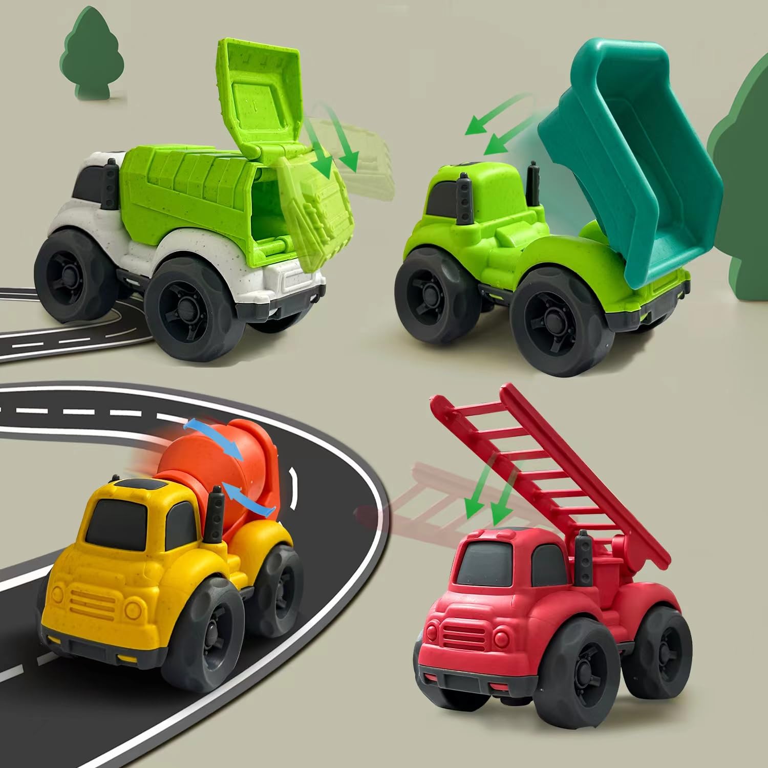 Baimiby 4-Pack Toddler Trucks: Dump Truck & Cement Mixer Toys for 3-4 Year Olds, BPA Free Push Cars for Indoor Outdoor Play, Christmas Birthday Gifts