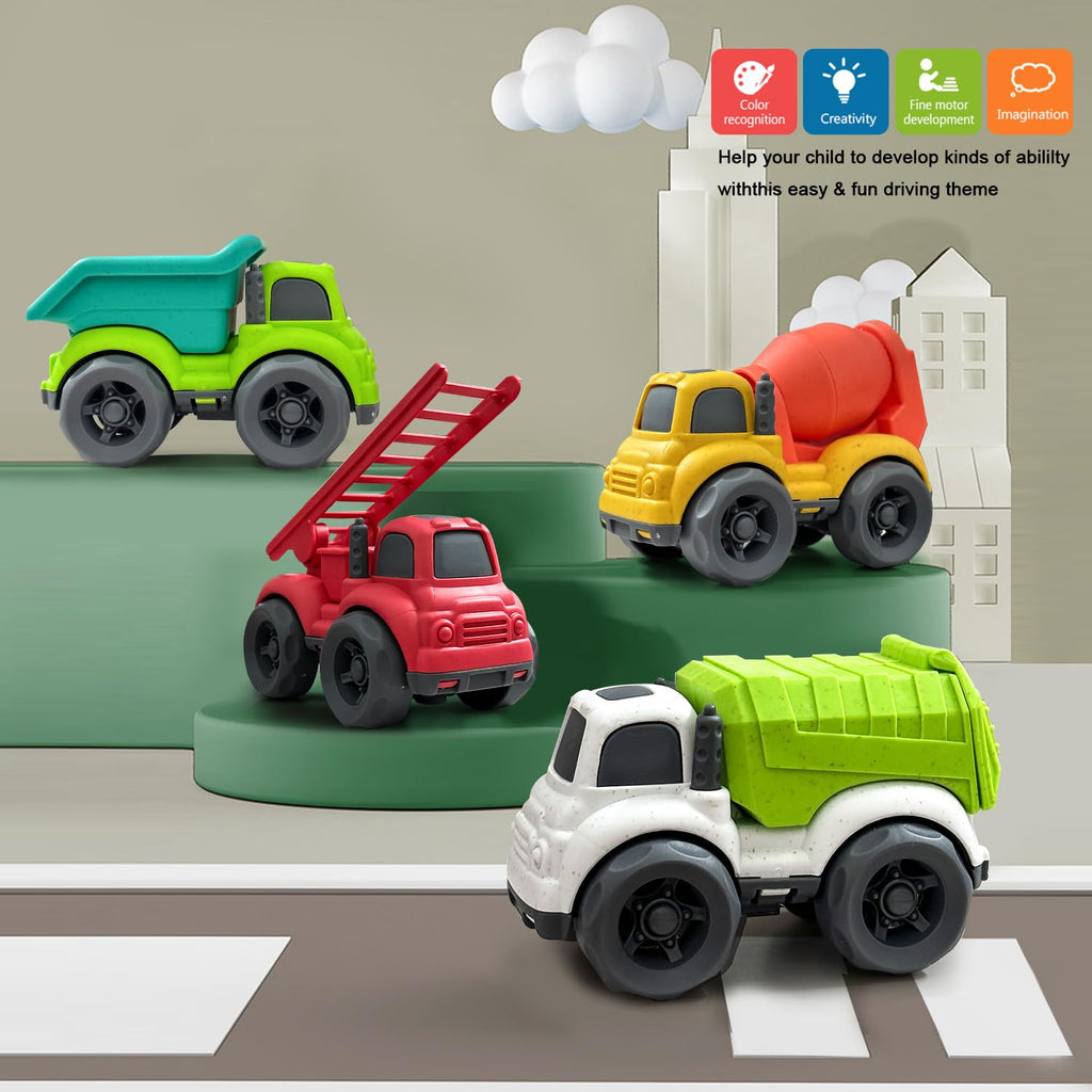 Baimiby 4-Pack Toddler Trucks: Dump Truck & Cement Mixer Toys for 3-4 Year Olds, BPA Free Push Cars for Indoor Outdoor Play, Christmas Birthday Gifts