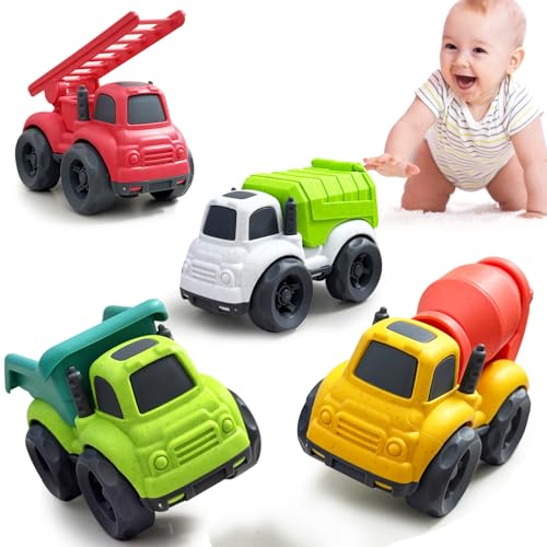 Baimiby 4-Pack Toddler Trucks: Dump Truck & Cement Mixer Toys for 3-4 Year Olds, BPA Free Push Cars for Indoor Outdoor Play, Christmas Birthday Gifts