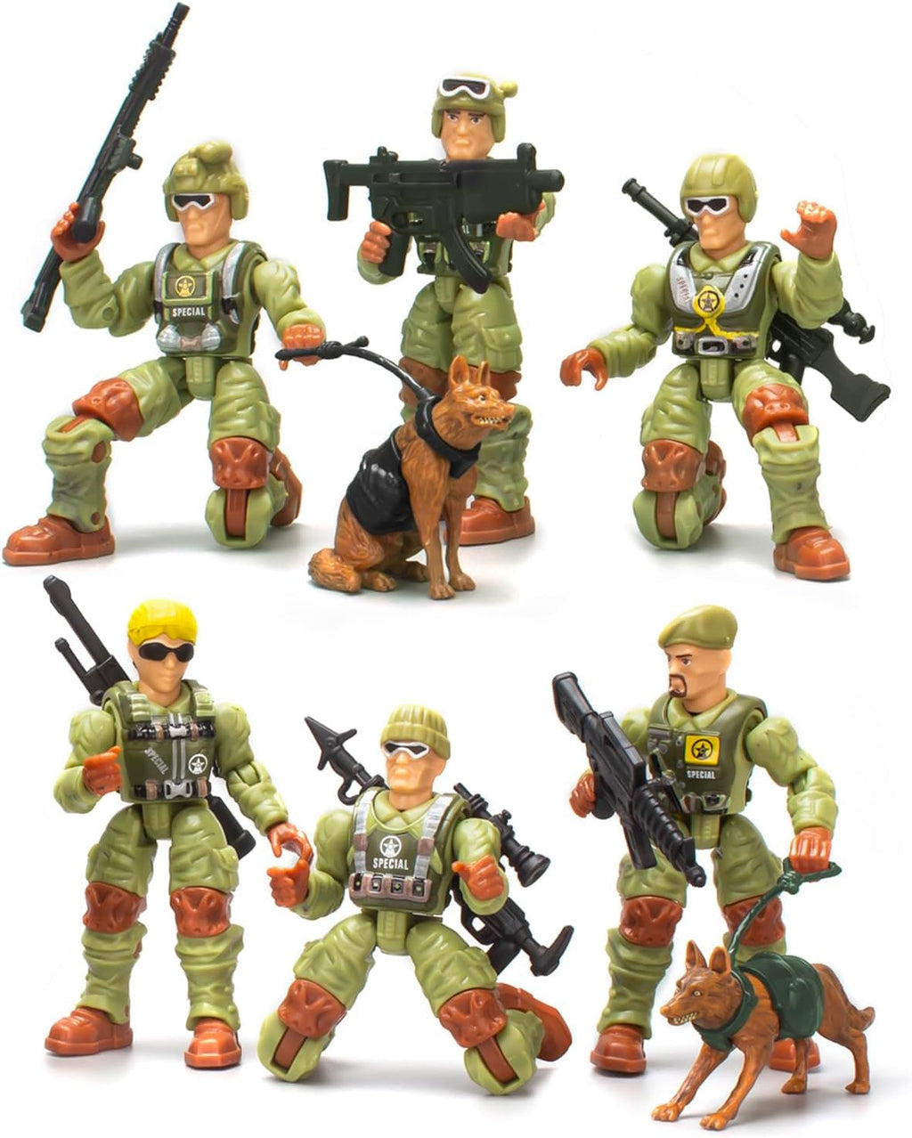 Baimiby Army Men Action Figures – 4 Inch Poseable Soldiers, 14 Piece Set with Weapons & Dogs, Gift for Boys
