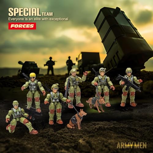 Baimiby Army Men Action Figures – 4 Inch Poseable Soldiers, 14 Piece Set with Weapons & Dogs, Gift for Boys