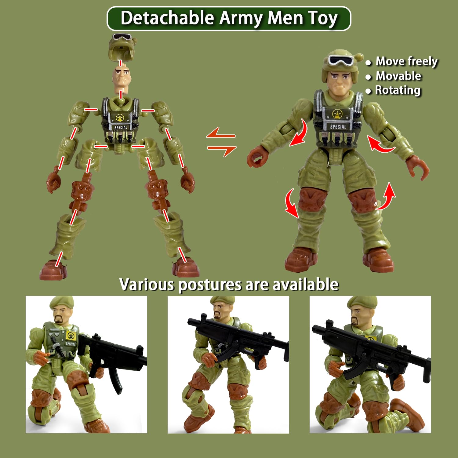 Baimiby Army Men Action Figures – 4 Inch Poseable Soldiers, 14 Piece Set with Weapons & Dogs, Gift for Boys