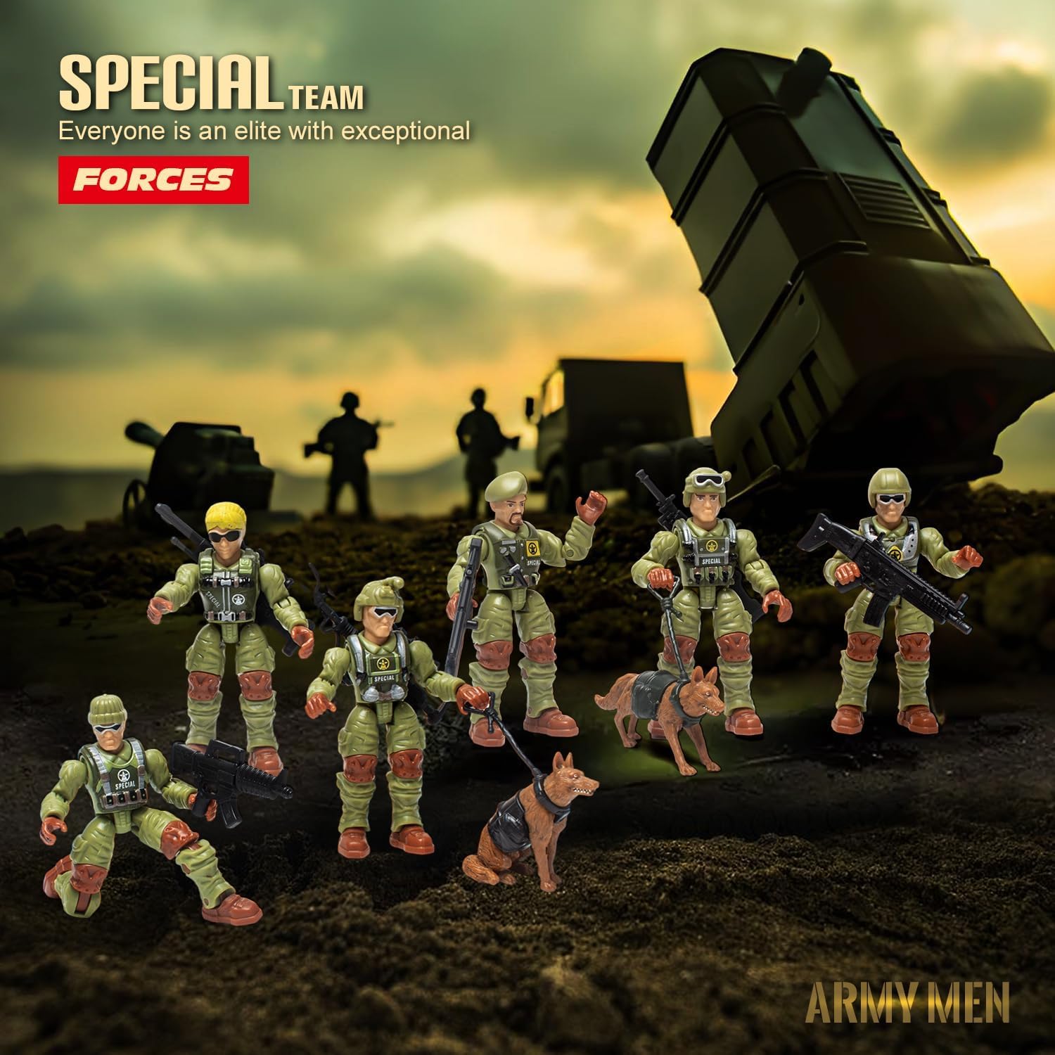 Baimiby Army Men Action Figures – 4 Inch Poseable Soldiers, 14 Piece Set with Weapons & Dogs, Gift for Boys