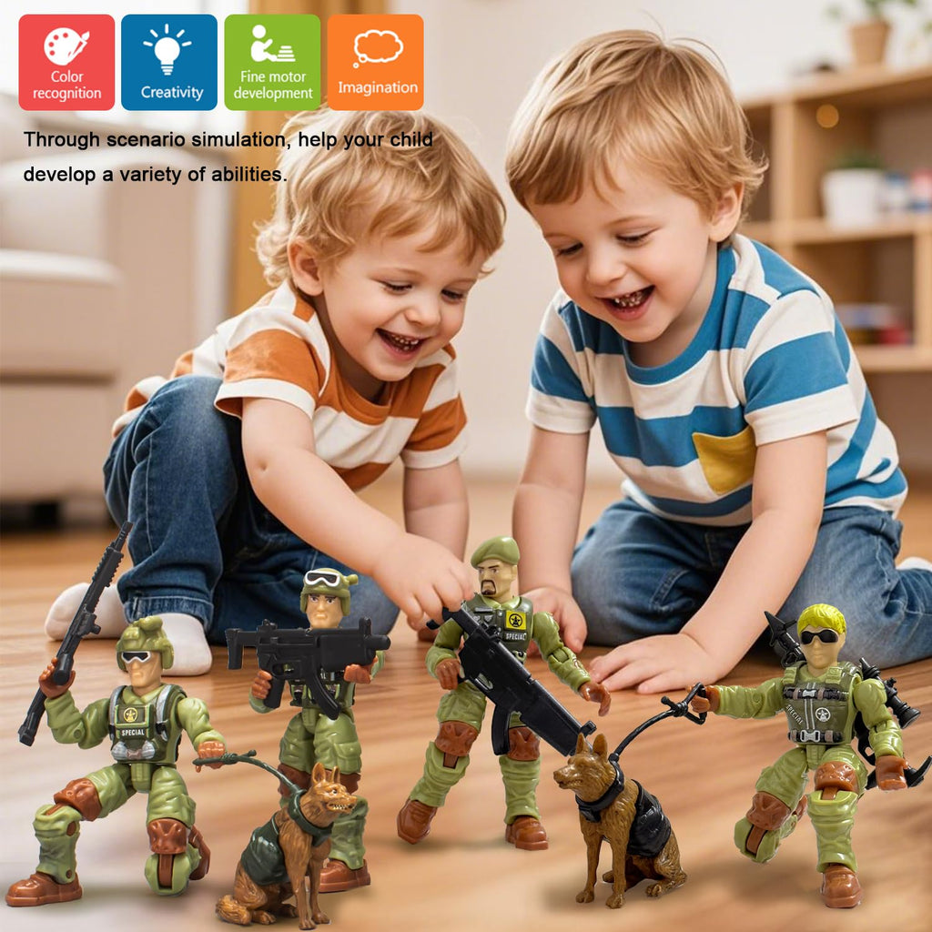 Baimiby Army Men Action Figures – 4 Inch Poseable Soldiers, 14 Piece Set with Weapons & Dogs, Gift for Boys