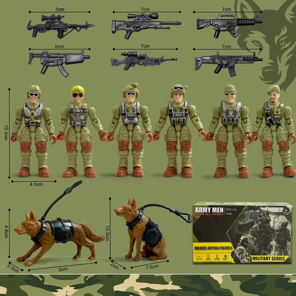 Baimiby Army Men Action Figures – 4 Inch Poseable Soldiers, 14 Piece Set with Weapons & Dogs, Gift for Boys