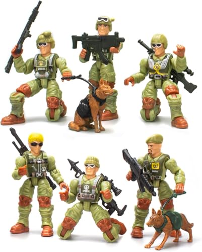 Baimiby Army Men Action Figures – 4 Inch Poseable Soldiers, 14 Piece Set with Weapons & Dogs, Gift for Boys