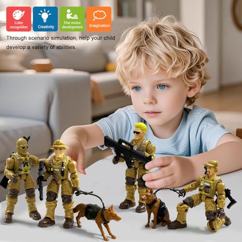 Baimiby Army Men Action Figures Set - 6 Poseable Toy Soldiers with Weapons and Dogs for Kids Ages 3+