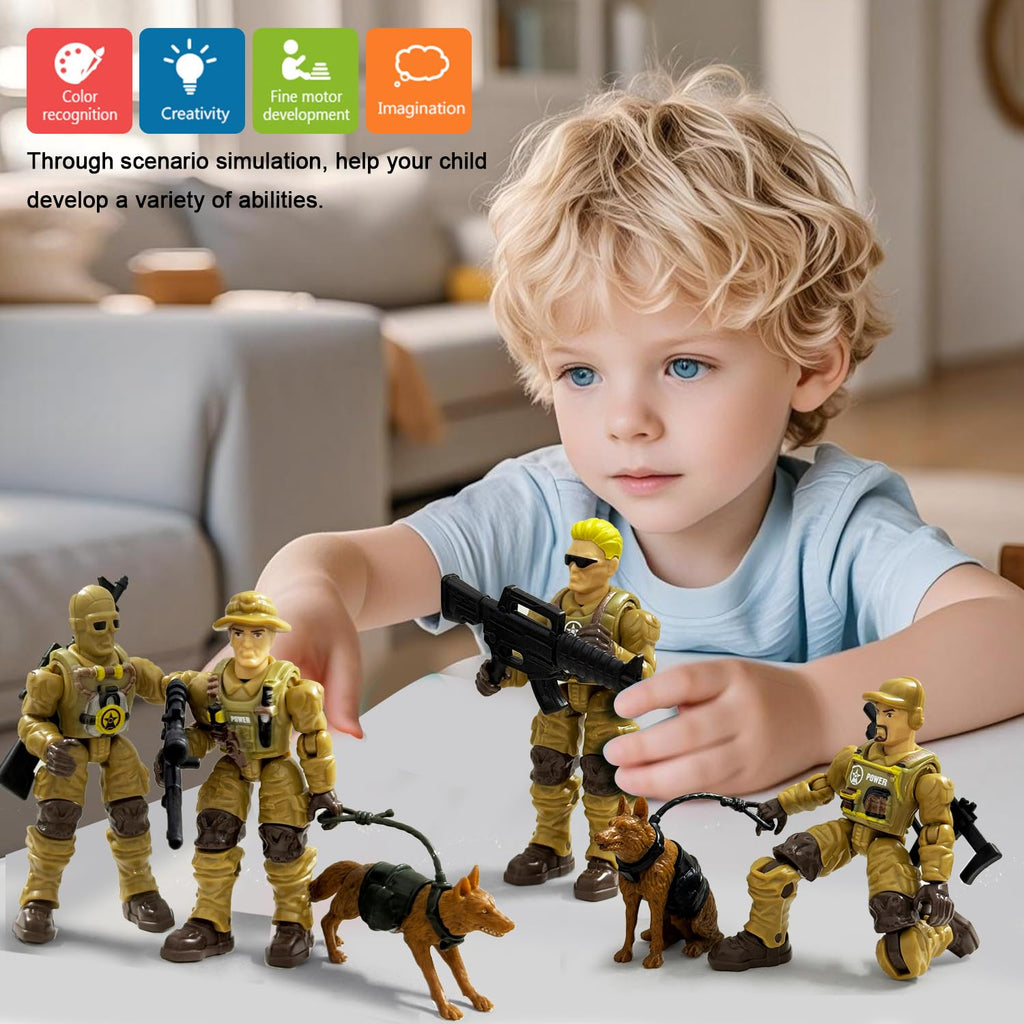 Baimiby Army Men Action Figures Set - 6 Poseable Toy Soldiers with Weapons and Dogs for Kids Ages 3+