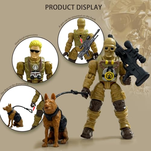Baimiby Army Men Action Figures Set - 6 Poseable Toy Soldiers with Weapons and Dogs for Kids Ages 3+