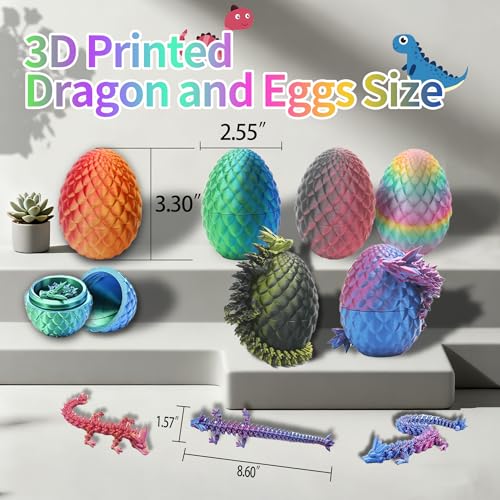Baiwanerxiang 6-Pack 3D Printed Dragon Eggs – Articulated Dragons Inside Crystal Eggs, Fidget Toy Set