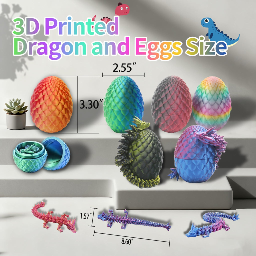 Baiwanerxiang 6-Pack 3D Printed Dragon Eggs – Articulated Dragons Inside Crystal Eggs, Fidget Toy Set
