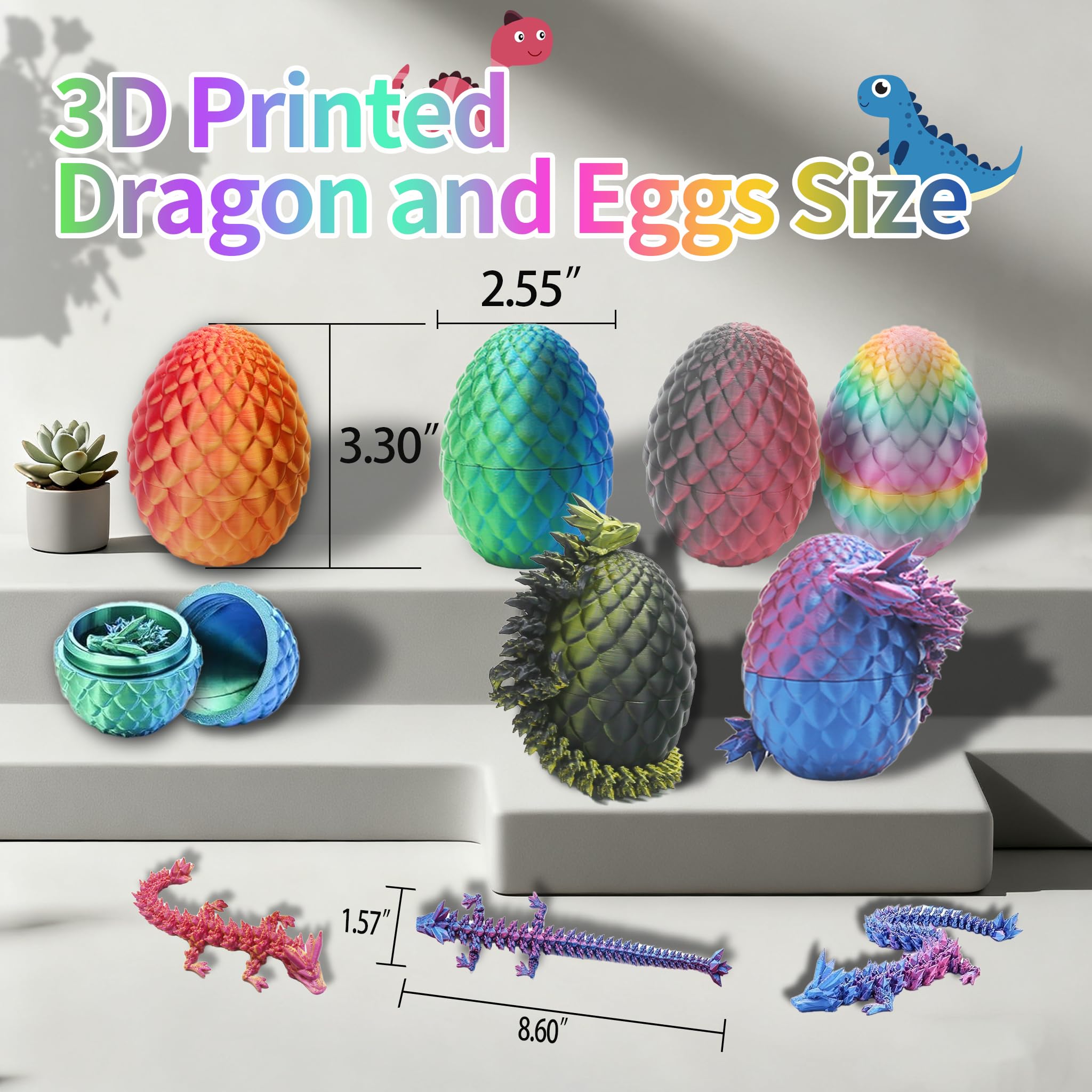 Baiwanerxiang 6-Pack 3D Printed Dragon Eggs – Articulated Dragons Inside Crystal Eggs, Fidget Toy Set