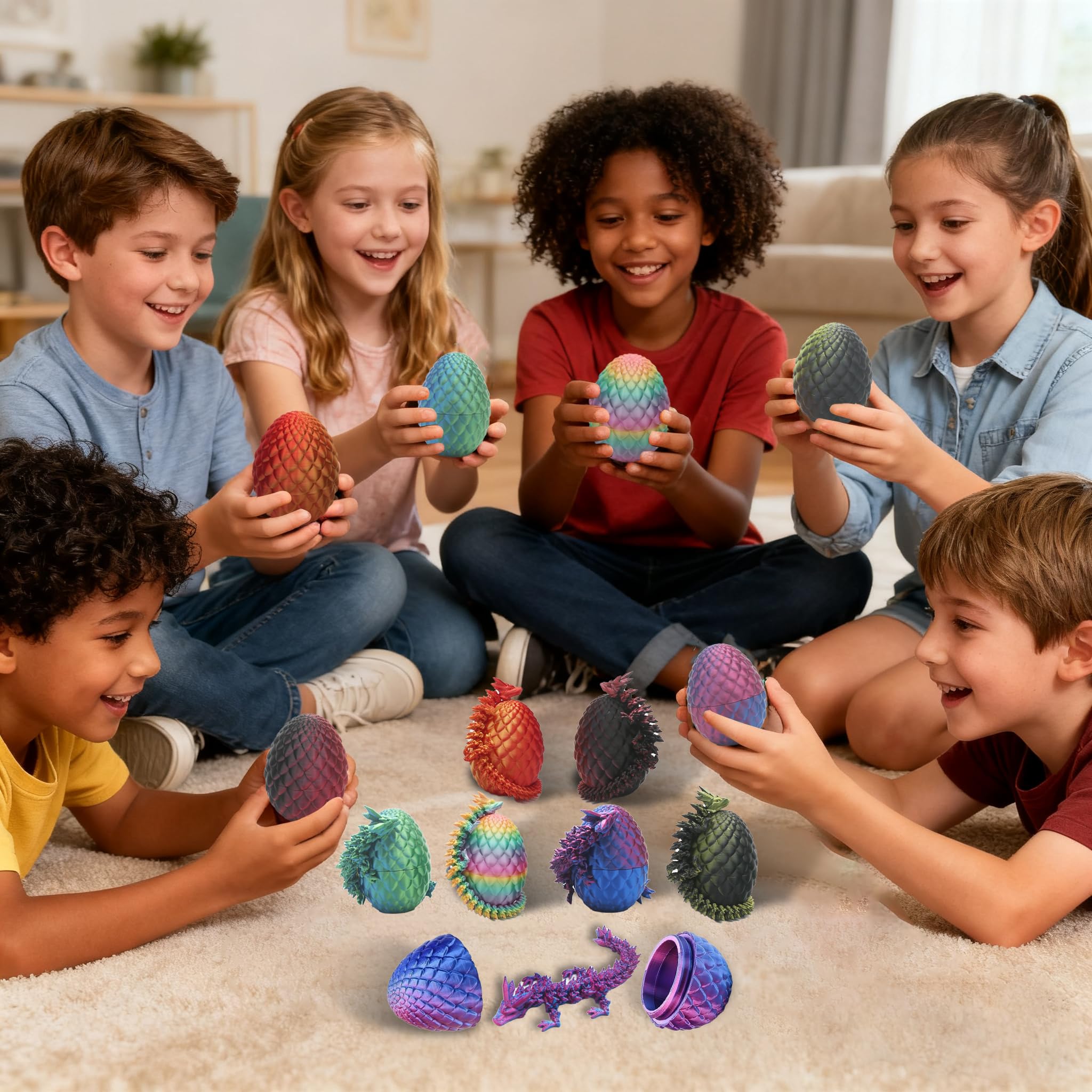 Baiwanerxiang 6-Pack 3D Printed Dragon Eggs – Articulated Dragons Inside Crystal Eggs, Fidget Toy Set