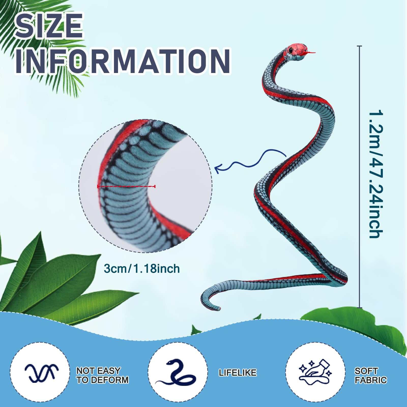 Bakalizoo 3.6 ft Long Snake Plush – Lifelike Soft Stuffed Animal Toy for Pranks, Halloween, Gifts (Blue)