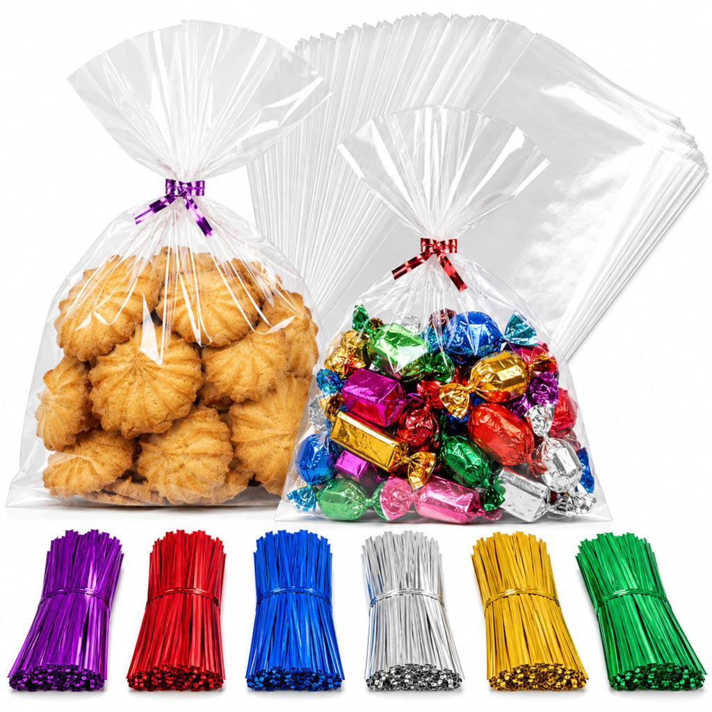 BakeBaking 200 Clear OPP Treat Bags 6x9" with 200 Twist Ties (6 Colors) - Food Grade, Thick, for Parties