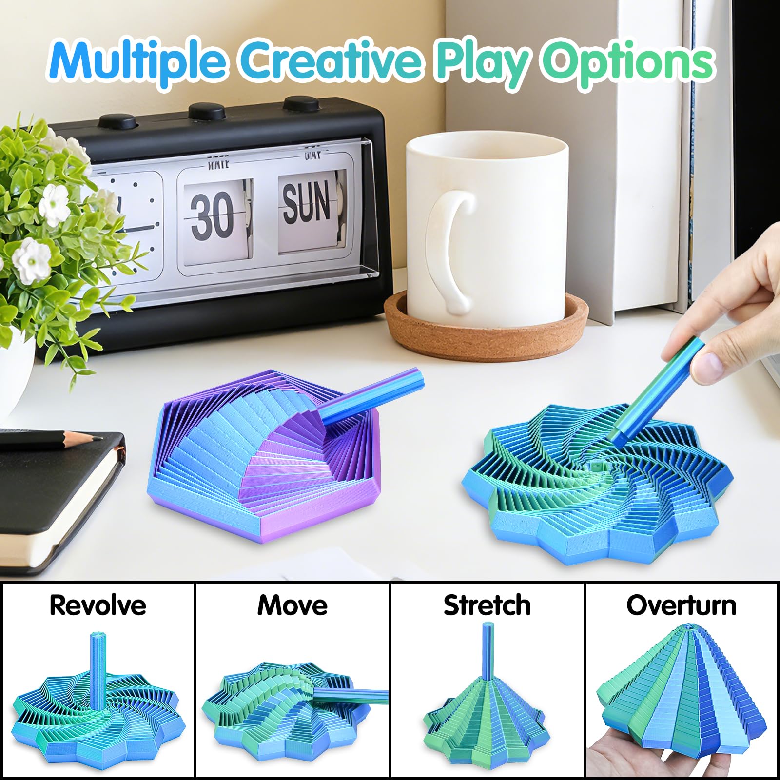 Balkwan 2-Pack 3D Printed Fidget Stars with Detachable Handles - Stress Relief Desk Toy for Anxiety, Green + Purple