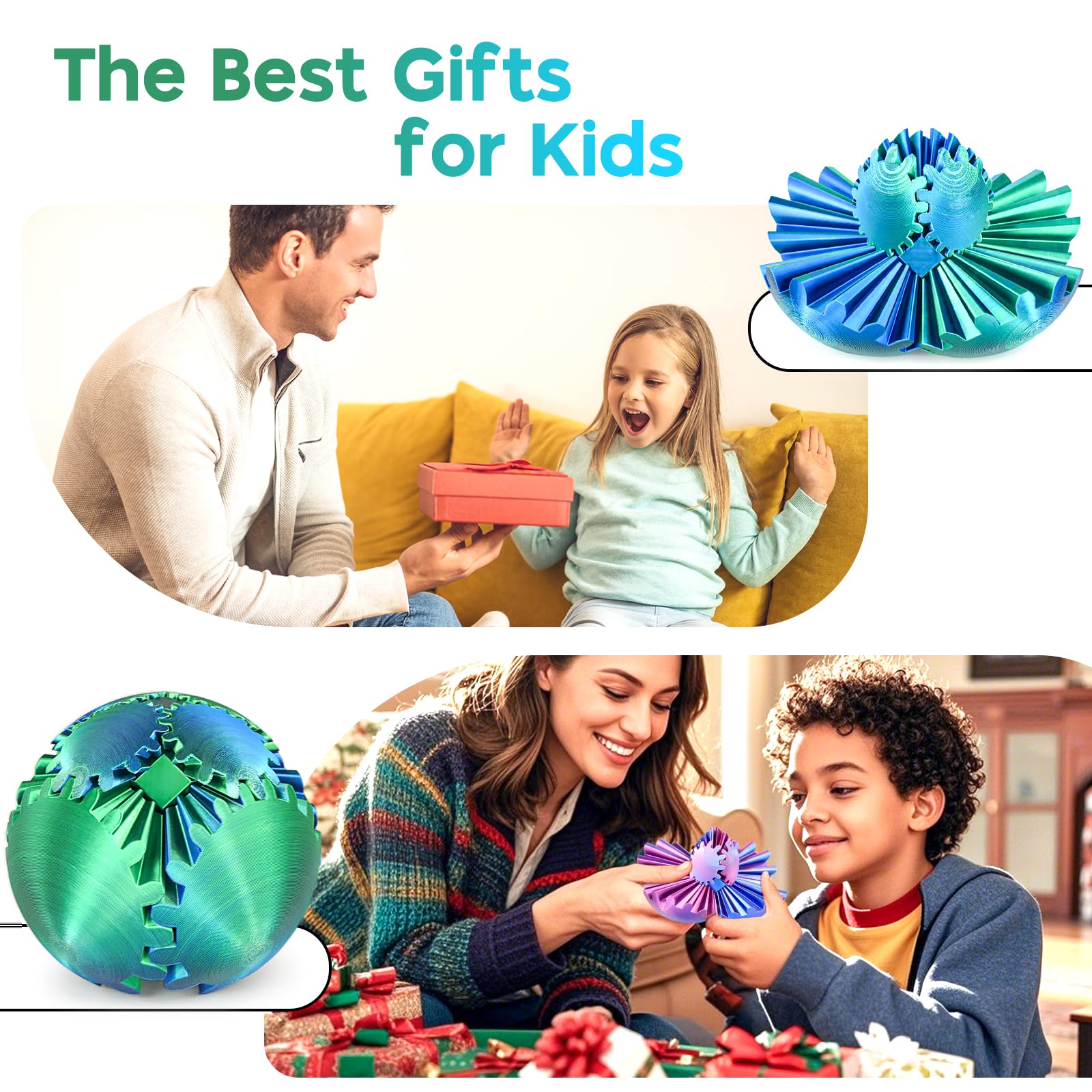 Balkwan Gear Ball 3D Printed Fidget Toy – Green, 3.3 in Spinning Sphere for Stress Relief