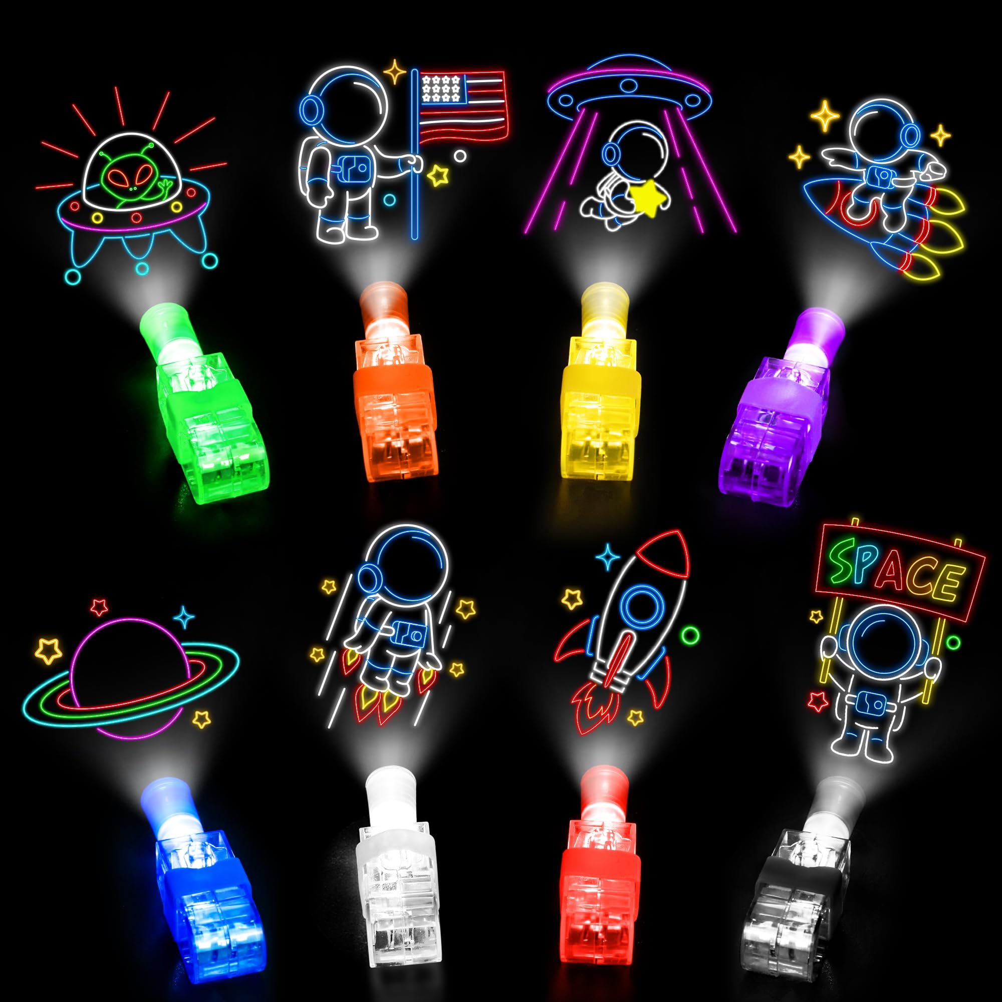 Bamamon Space Finger Lights 32-Pack - Glow in Dark Party Favors with Astronaut Patterns