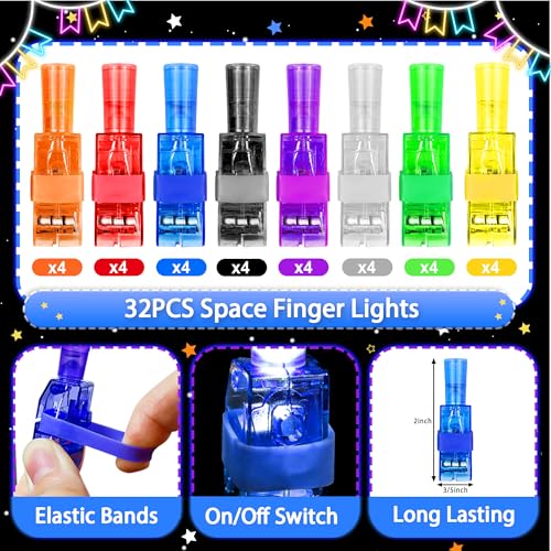Bamamon Space Finger Lights 32-Pack - Glow in Dark Party Favors with Astronaut Patterns
