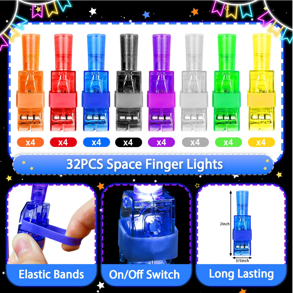 Bamamon Space Finger Lights 32-Pack - Glow in Dark Party Favors with Astronaut Patterns