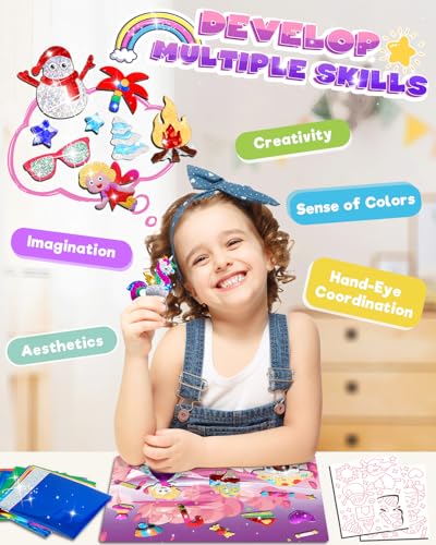 Baobrava Foil Art Fun Kit for Kids – Princess, Unicorn, Mermaid, Castle Crafts, No Mess Activity for Ages 4-8