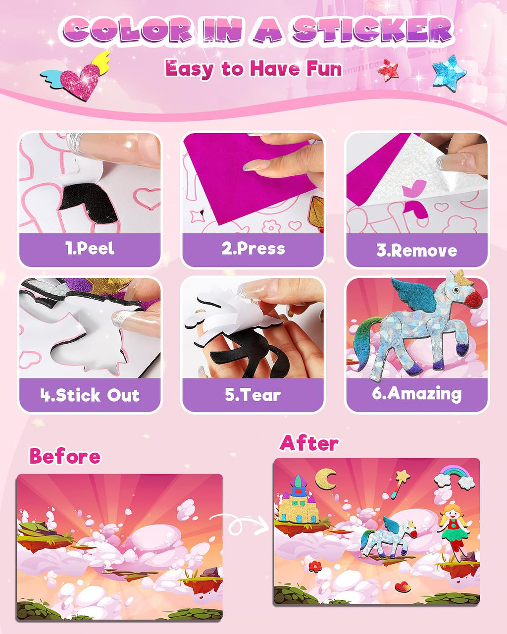 Baobrava Foil Art Fun Kit for Kids – Princess, Unicorn, Mermaid, Castle Crafts, No Mess Activity for Ages 4-8
