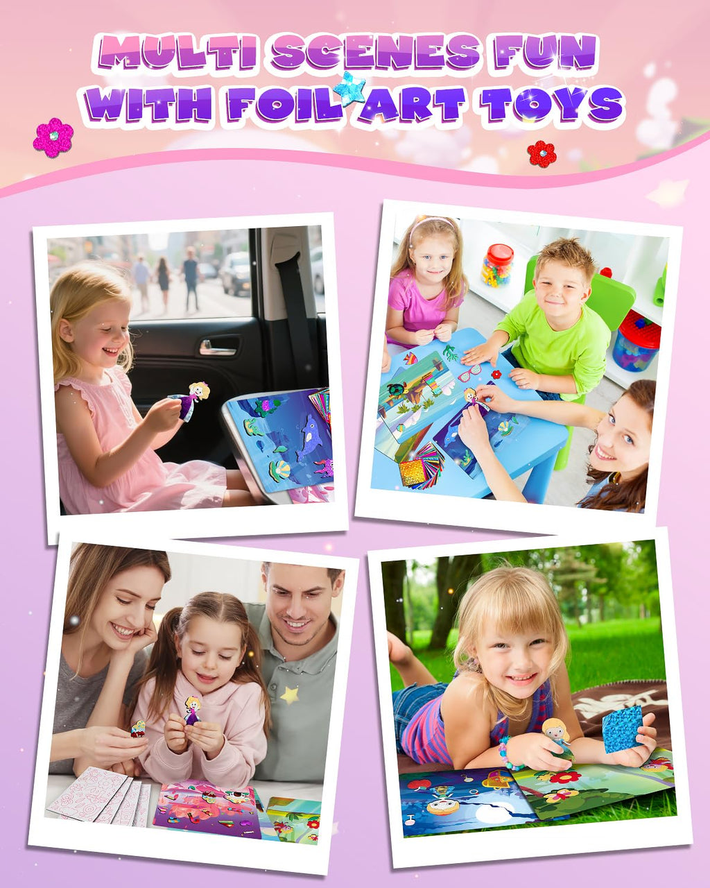 Baobrava Foil Art Fun Kit for Kids – Princess, Unicorn, Mermaid, Castle Crafts, No Mess Activity for Ages 4-8
